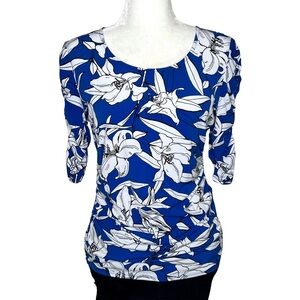 ALFANI Floral Top Ruched 3 Quarter Sleeve Stretchy Blue White Flowers Small S